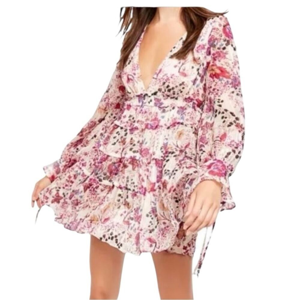 Free People Long Sleeve Floral Mini Dress Deep Size M Boho Western Cottage - Picture 4 of 8